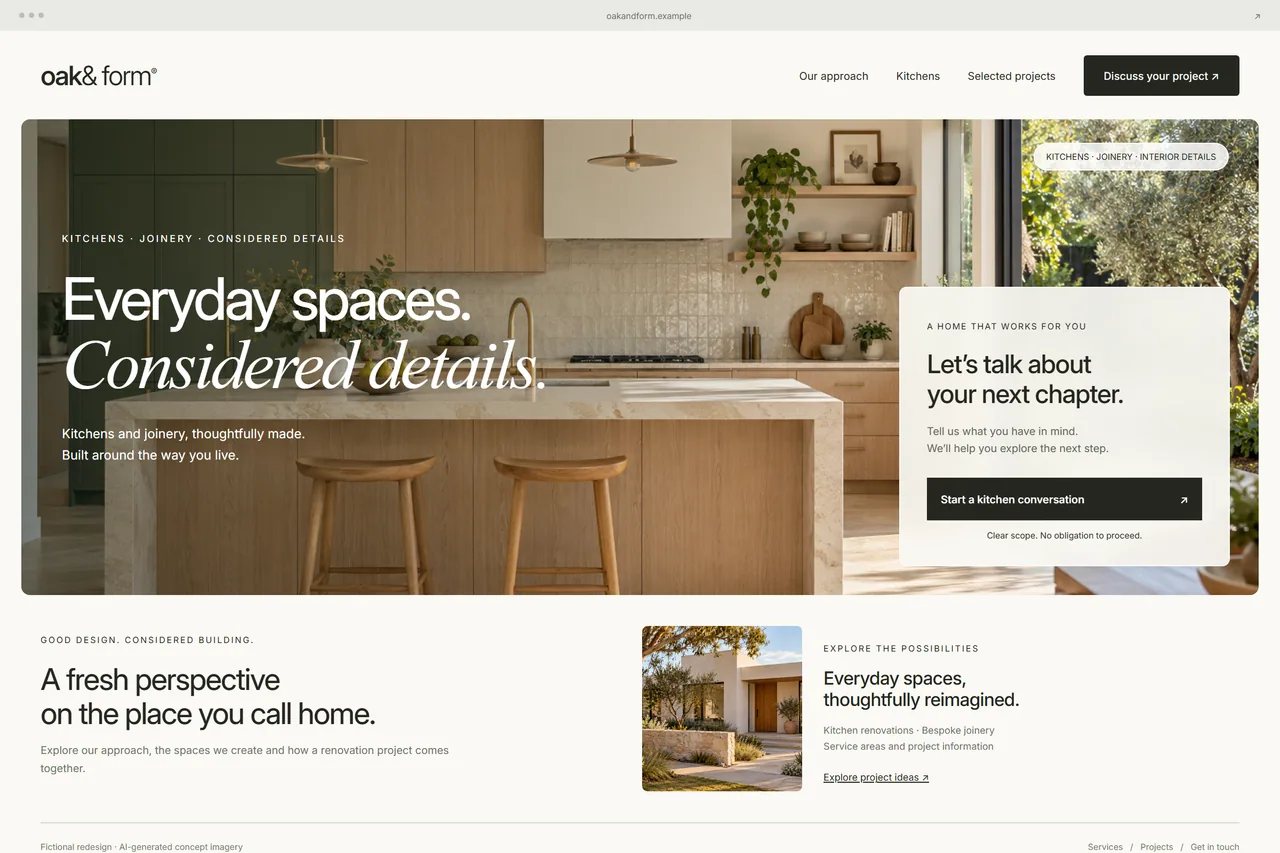 Full Oak and Form fictional kitchen and joinery website concept