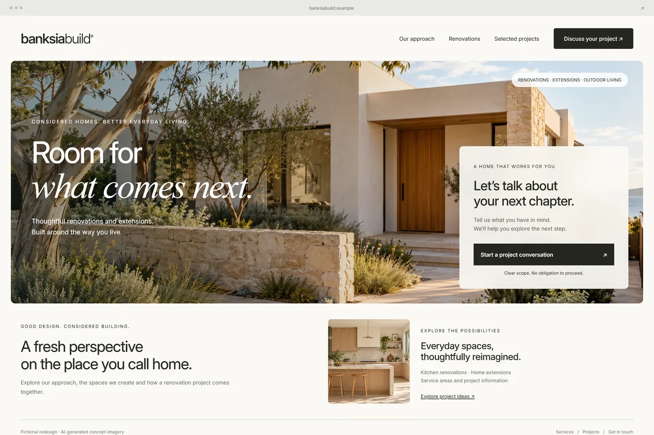 New fictional renovation website with project photos, clear services and an enquiry invitation
