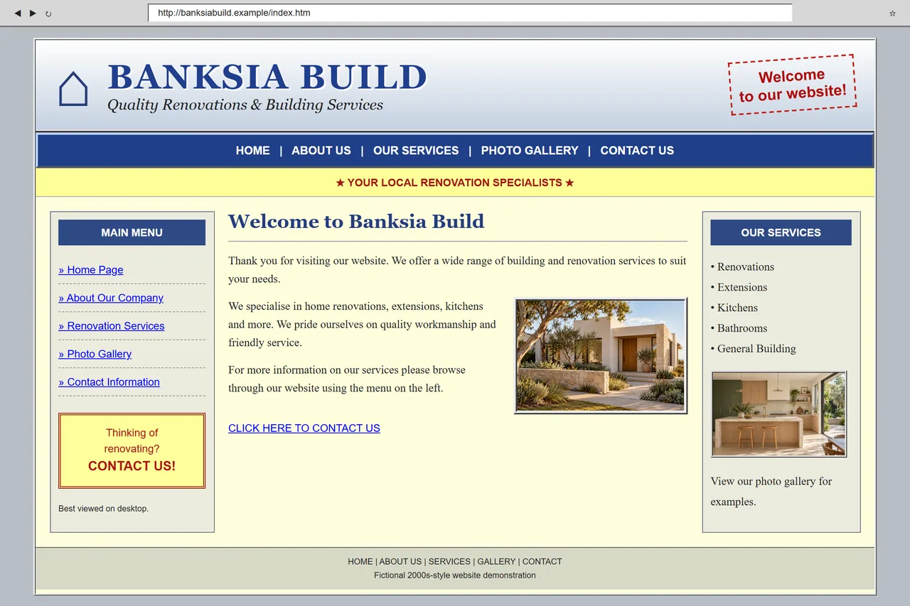 A fictional 2000s renovation website with a crowded menu and dated layout